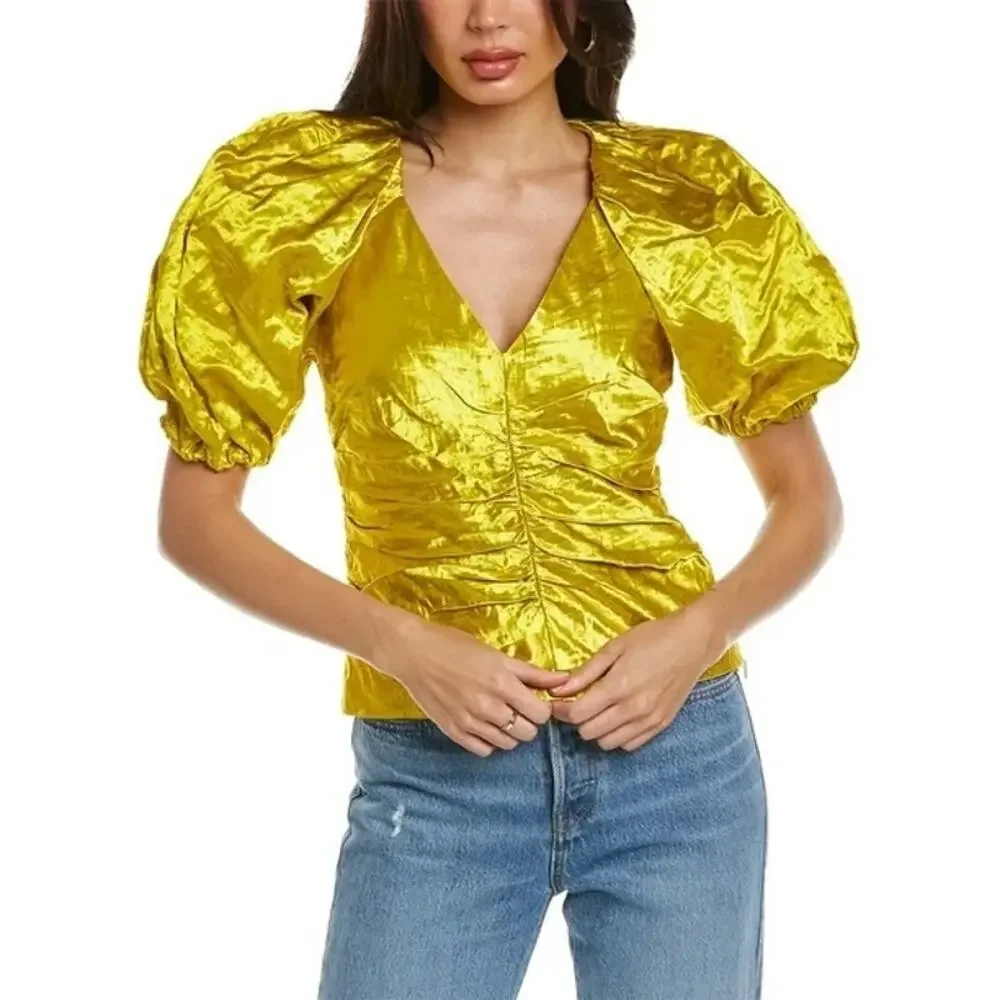 NWT $795 Ulla Johnson Vera Top - Metallic Ruched Puff Sleeve Blouse